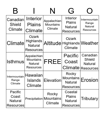 U.S. Regions and Vocabular Bingo Card