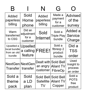 Bell Aliant Bingo Card
