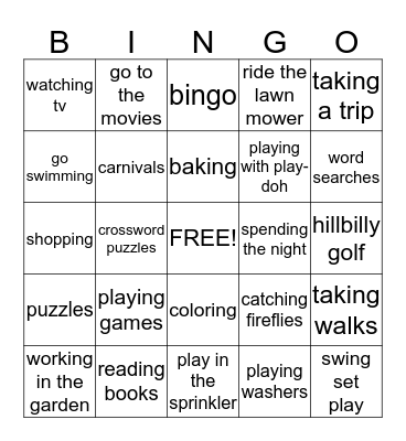 Grandparents Bingo Card