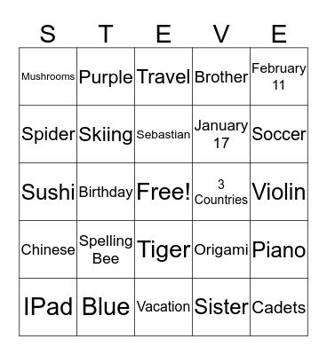 Steve Bingo Card