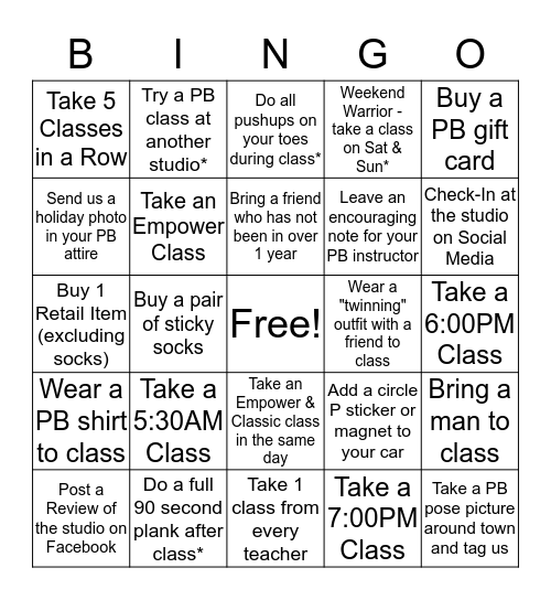 Pure Barre Southern Pines Holiday Bingo Card