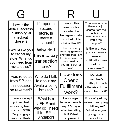 GURU Card Bingo Card