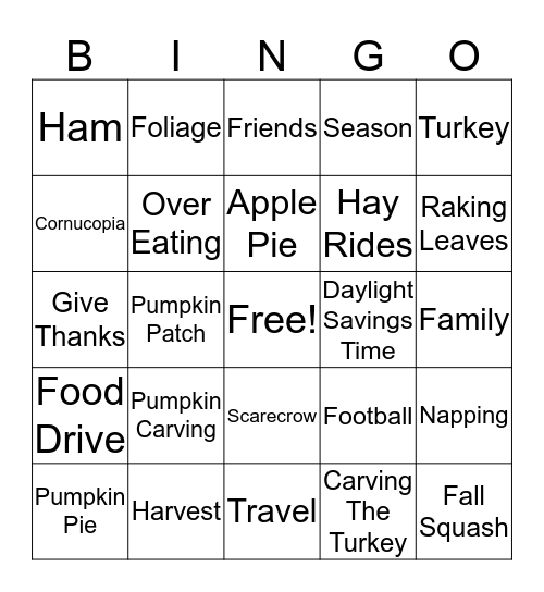 The Fall/Thanksgiving Bingo Card
