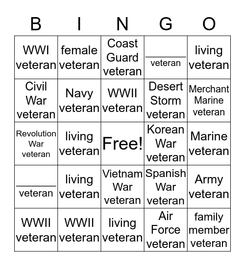 Veterans Day  Bingo Card