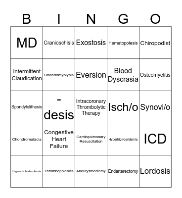 Medical Terminology Bingo Card