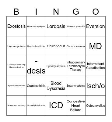 Medical Terminology Bingo Card