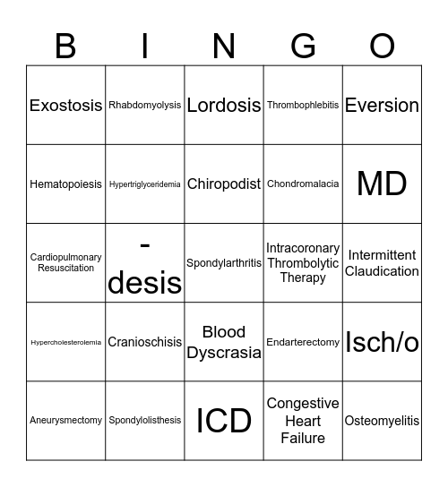 Medical Terminology Bingo Card