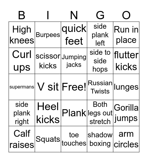 Fitness Bingo Card