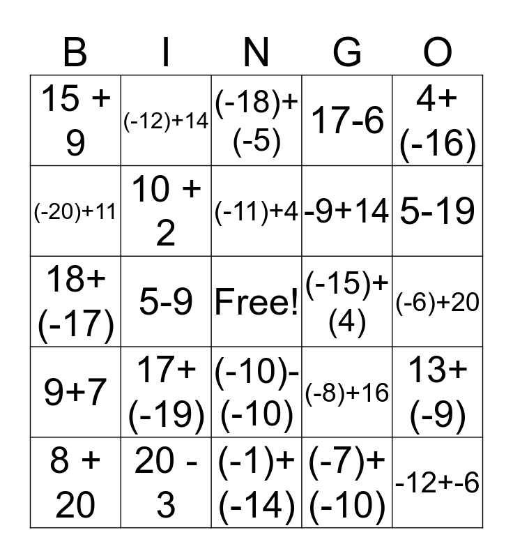 Integer Bingo Card