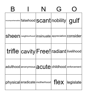 Lesson 4 Bingo Card