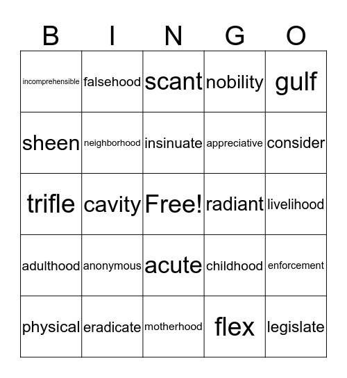Lesson 4 Bingo Card
