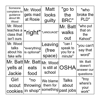 Past Shop Teachers Bingo Card