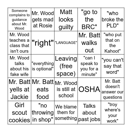 Past Shop Teachers Bingo Card