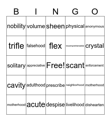 Lesson 4 Bingo Card