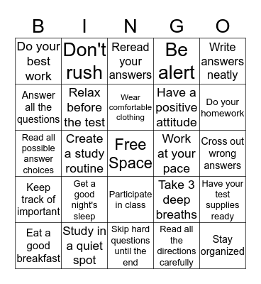 Study-Test Taking BINGO  Bingo Card