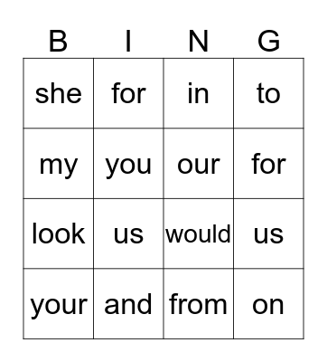 Word Bank Bingo Card