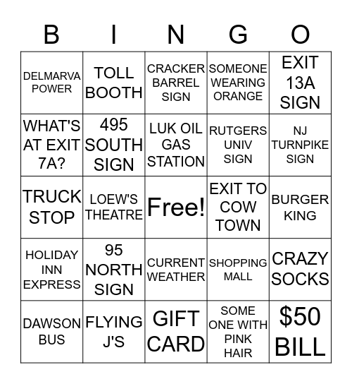 COTLW BUS TRIP Bingo Card