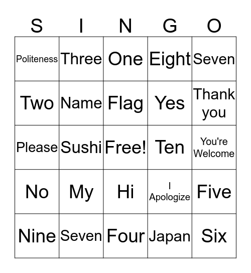 SINGO Bingo Card
