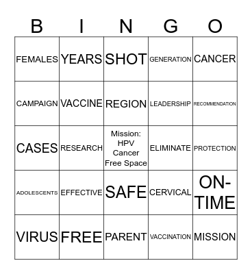 Mission: HPV Cancer Free Bingo Card