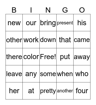 Sight Word Bingo Card