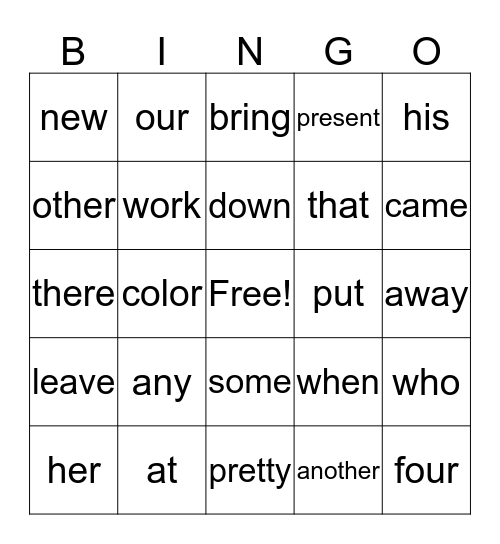Sight Word Bingo Card