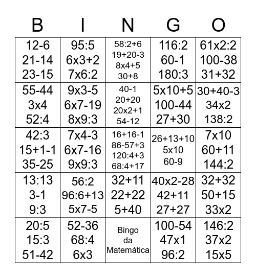 Bingo da Matemática Bingo Card