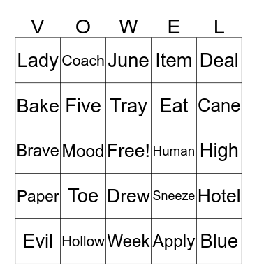 Long Vowel Sounds Bingo Card