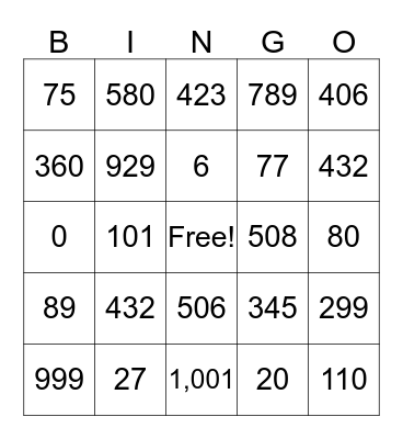 Place Value Bing Bingo Card