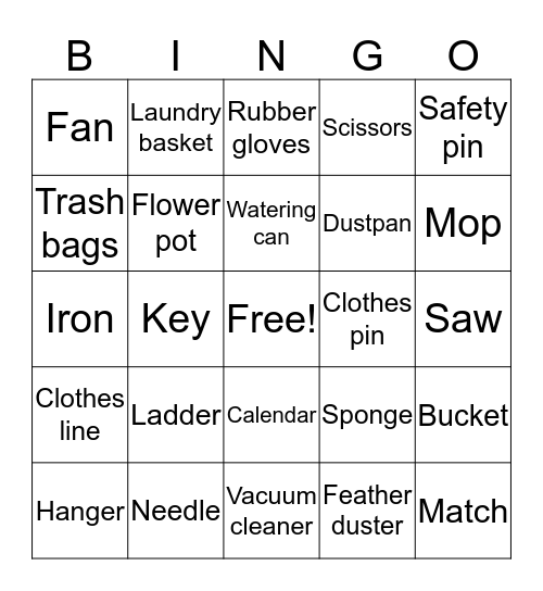 Household Items Bingo Card