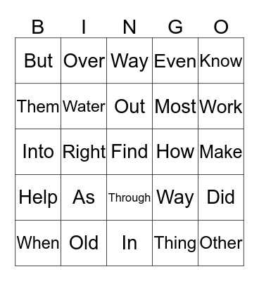 New Words Bingo Card
