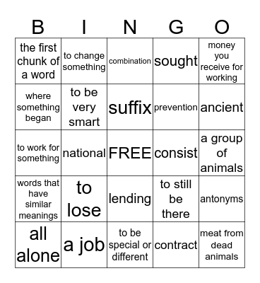 Vocabulary Bingo Card