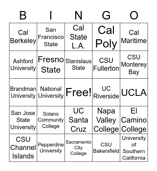 California College Bingo Card
