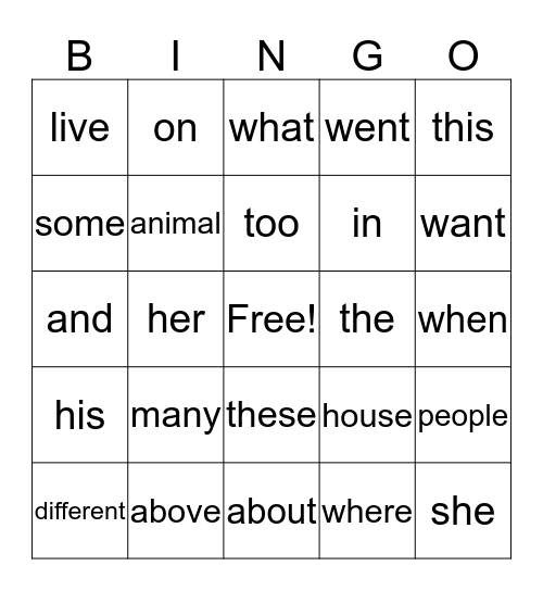 Sight Word Bingo Card