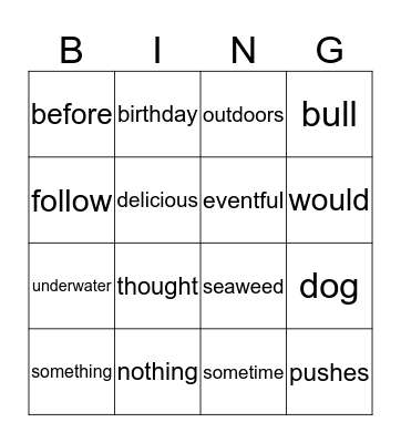 Syllable Match Bingo Card