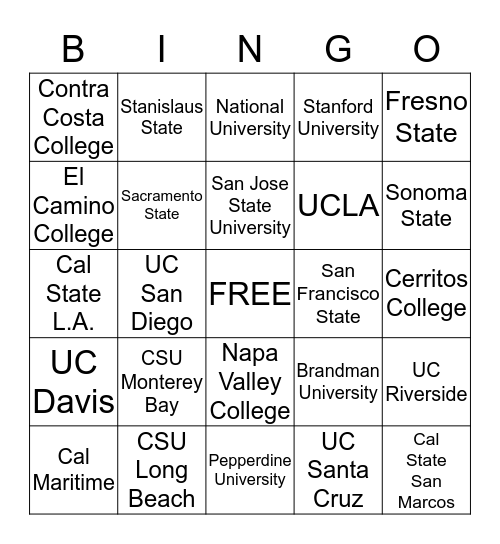 California College Bingo Card