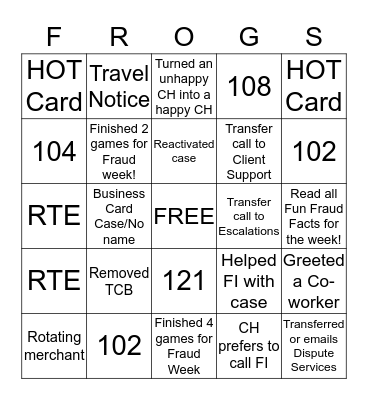 FROGS Bingo Card