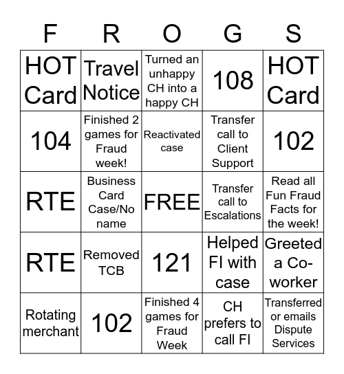 FROGS Bingo Card