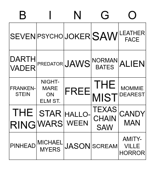MOVIES AND VILLIANS Bingo Card