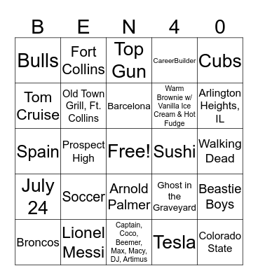 Ben's Birthday Bingo Card