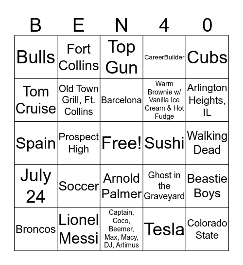 Ben's Birthday Bingo Card