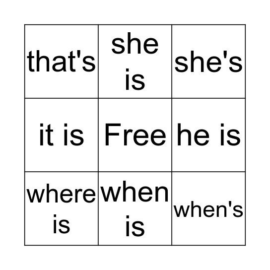 Contractions! Bingo Card