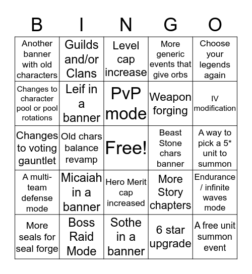 November FEH Channel Bingo Card