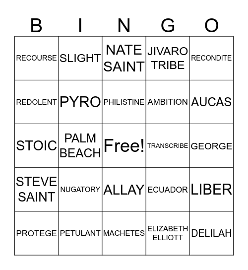 SAT Week # 16 & Through Gates of Splendor Bingo Card