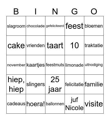 Juf Nicole's verjaardagsbingo Card