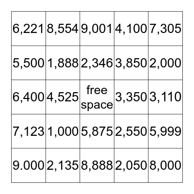 1000 and up Bingo Card