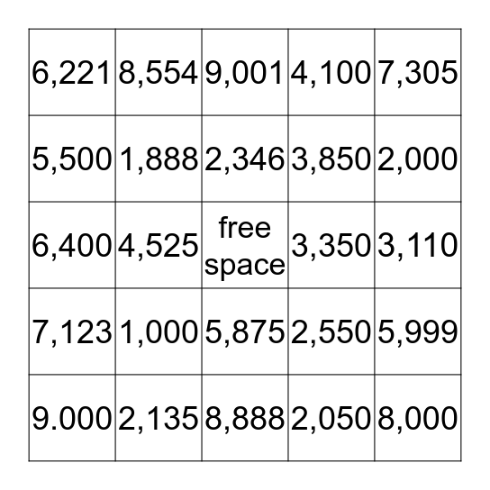 1000 and up Bingo Card