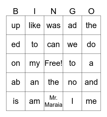 Sight Words Bingo Card