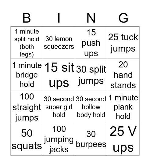 Gymnastics workout Bingo Card