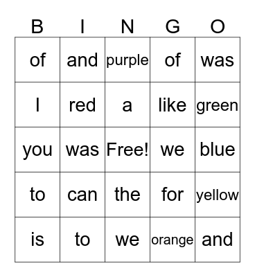 SIGHT WORDS 1 Bingo Card