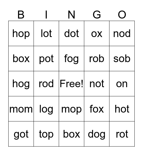Short o Words Bingo Card